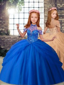 Blue and Peach Sleeveless Beading Floor Length Little Girls Pageant Gowns