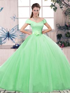 Floor Length Apple Green Ball Gown Prom Dress Off The Shoulder Short Sleeves Lace Up