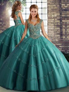 Pretty Teal Lace Up Straps Beading and Appliques Quinceanera Dress Tulle Sleeveless