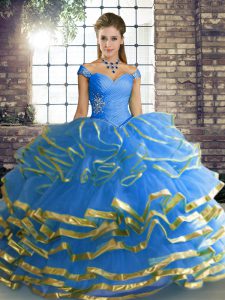 Stylish Off The Shoulder Sleeveless 15 Quinceanera Dress Floor Length Beading and Ruffled Layers Blue Tulle