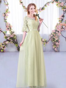 Yellow Green Empire Lace and Belt Quinceanera Dama Dress Side Zipper Tulle Half Sleeves Floor Length