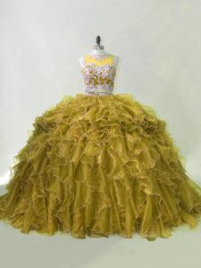 Eye-catching Olive Green Zipper Quince Ball Gowns Beading and Ruffles Sleeveless Brush Train