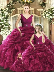 Burgundy Sleeveless Floor Length Ruffles Backless 15 Quinceanera Dress