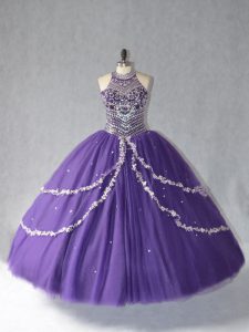 Purple Lace Up Halter Top Beading Sweet 16 Dress Tulle Sleeveless