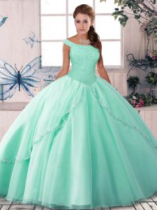 Lace Up Quinceanera Gowns Apple Green for Military Ball and Sweet 16 and Quinceanera with Beading Brush Train