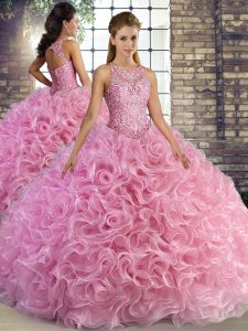 Floor Length Rose Pink Quinceanera Dress Scoop Sleeveless Lace Up