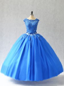 Dynamic Blue Ball Gowns Tulle Scoop Sleeveless Beading and Appliques Floor Length Lace Up Sweet 16 Dresses