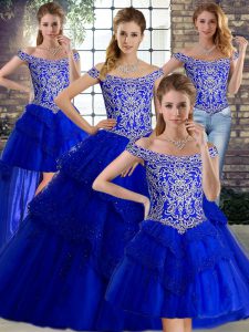 Beauteous Royal Blue Sleeveless Brush Train Beading and Lace Quinceanera Gown