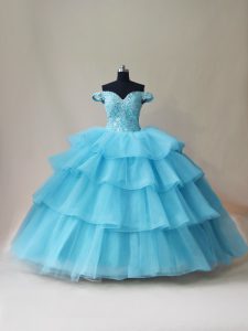 Sleeveless Organza and Tulle Floor Length Lace Up Sweet 16 Dress in Aqua Blue with Beading and Ruffled Layers