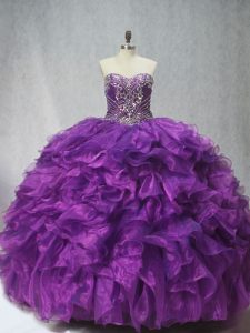 Extravagant Sleeveless Beading and Ruffles Lace Up Quinceanera Dress with Purple Brush Train