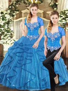 Sophisticated Sleeveless Floor Length Beading and Ruffles Lace Up Ball Gown Prom Dress with Blue