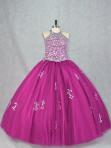 Floor Length Fuchsia Quince Ball Gowns Tulle Sleeveless Beading and Appliques