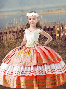 Orange Red Ball Gowns Satin Off The Shoulder Sleeveless Embroidery Floor Length Lace Up Pageant Gowns For Girls
