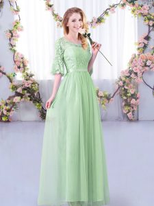 Classical Apple Green Half Sleeves Lace and Belt Floor Length Dama Dress