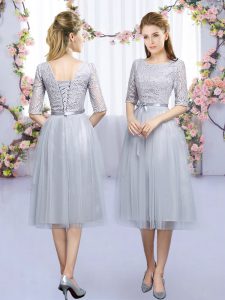 Clearance Grey Scoop Neckline Lace and Belt Quinceanera Court Dresses Half Sleeves Lace Up