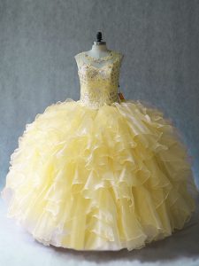 Smart Yellow Lace Up Scoop Beading and Ruffles Ball Gown Prom Dress Organza Sleeveless