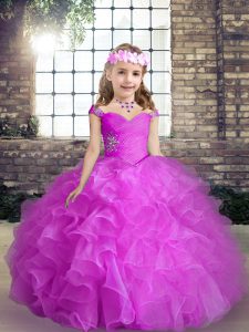 Fuchsia Little Girl Pageant Dress Party and Wedding Party with Beading and Ruffles Straps Sleeveless Lace Up