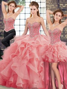 Brush Train Three Pieces Sweet 16 Dresses Watermelon Red Sweetheart Tulle Sleeveless Lace Up