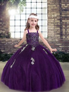 Purple Ball Gowns Appliques Little Girl Pageant Gowns Lace Up Tulle Sleeveless Floor Length
