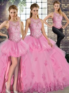 Floor Length Three Pieces Sleeveless Rose Pink Quinceanera Dresses Lace Up