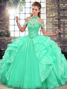 Apple Green Organza Lace Up Halter Top Sleeveless Floor Length Ball Gown Prom Dress Beading and Ruffles