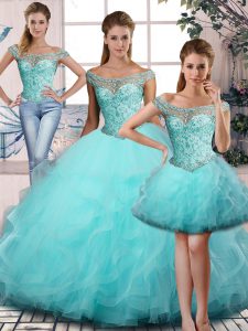 Aqua Blue Ball Gowns Off The Shoulder Sleeveless Tulle Lace Up Beading and Ruffles Sweet 16 Dresses