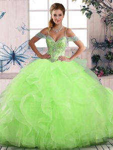 Modest Tulle Sleeveless Floor Length Sweet 16 Quinceanera Dress and Beading and Ruffles