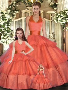 New Style Orange Red Lace Up Halter Top Ruffled Layers Vestidos de Quinceanera Organza Sleeveless