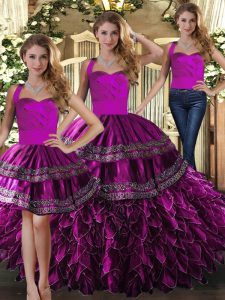 Flare Fuchsia Halter Top Neckline Embroidery and Ruffles Quinceanera Dress Sleeveless Lace Up