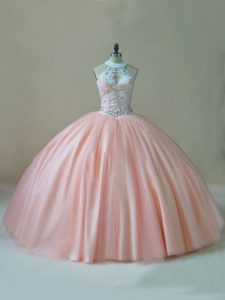 Peach Halter Top Neckline Beading and Lace Ball Gown Prom Dress Sleeveless Lace Up