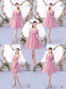 Fashion Pink Lace Up V-neck Appliques and Belt Quinceanera Court Dresses Tulle Half Sleeves