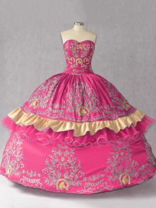 Captivating Hot Pink Satin and Organza Lace Up Sweetheart Sleeveless Sweet 16 Quinceanera Dress Embroidery