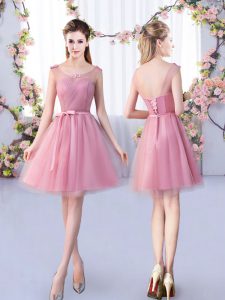 Pink A-line Appliques and Belt Dama Dress Lace Up Tulle Sleeveless Mini Length