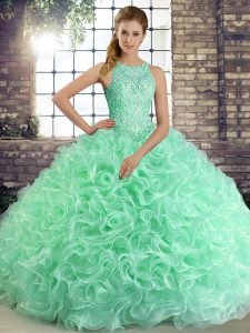 Apple Green Sleeveless Fabric With Rolling Flowers Lace Up Quinceanera Gown for Military Ball and Sweet 16 and Quinceanera