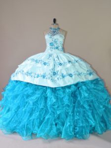 Modern Aqua Blue Lace Up Halter Top Embroidery and Ruffles Quince Ball Gowns Organza Sleeveless Court Train