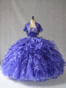 Wonderful Floor Length Blue Sweet 16 Dress Organza Sleeveless Beading and Ruffles