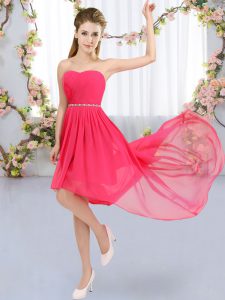Beading Quinceanera Court of Honor Dress Hot Pink Lace Up Sleeveless High Low