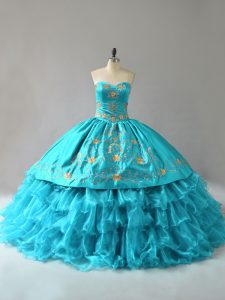Unique Aqua Blue Sweetheart Lace Up Embroidery and Ruffles Sweet 16 Dresses Sleeveless