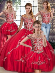 Tulle Off The Shoulder Sleeveless Lace Up Beading and Embroidery Quinceanera Gown in Red