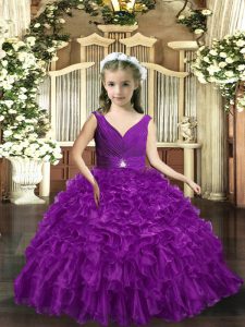 Cute Eggplant Purple Ball Gowns Ruffles Kids Formal Wear Backless Organza Sleeveless Floor Length
