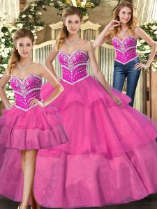 Sleeveless Floor Length Beading and Ruffled Layers Lace Up Sweet 16 Quinceanera Dress with Lilac