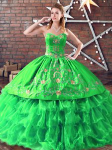 Green Ball Gowns Embroidery Party Dress Lace Up Organza Sleeveless Floor Length