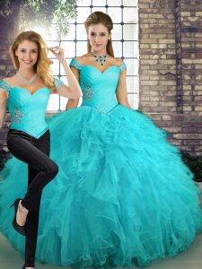 Sophisticated Off The Shoulder Sleeveless 15 Quinceanera Dress Floor Length Beading and Ruffles Aqua Blue Tulle
