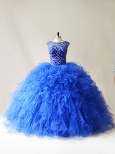 Clearance Tulle Scoop Sleeveless Lace Up Beading and Ruffles Quinceanera Dresses in Royal Blue