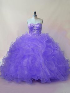 Inexpensive Lavender Ball Gowns Sweetheart Sleeveless Organza Floor Length Lace Up Beading and Ruffles 15th Birthday Dress