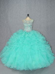 Colorful Sleeveless Organza Floor Length Lace Up Ball Gown Prom Dress in Aqua Blue with Beading