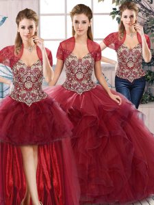 Beautiful Burgundy Tulle Lace Up Quinceanera Dress Sleeveless Floor Length Beading and Ruffles
