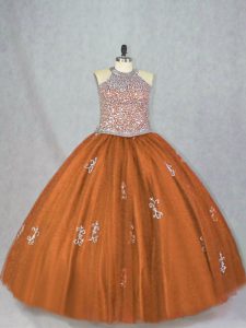 Floor Length Brown Quince Ball Gowns Tulle Sleeveless Beading and Appliques