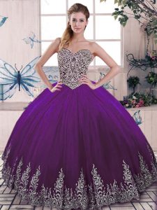 Fabulous Tulle Sweetheart Sleeveless Lace Up Beading and Embroidery Quince Ball Gowns in Purple