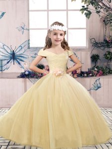 Custom Design Champagne Lace Up Off The Shoulder Lace and Belt Kids Formal Wear Tulle Sleeveless